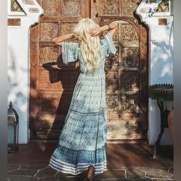 Spell & The Gypsy Free People Oracle gown green Maxi Dress lurex rayon med Rare - Picture 2 of 10